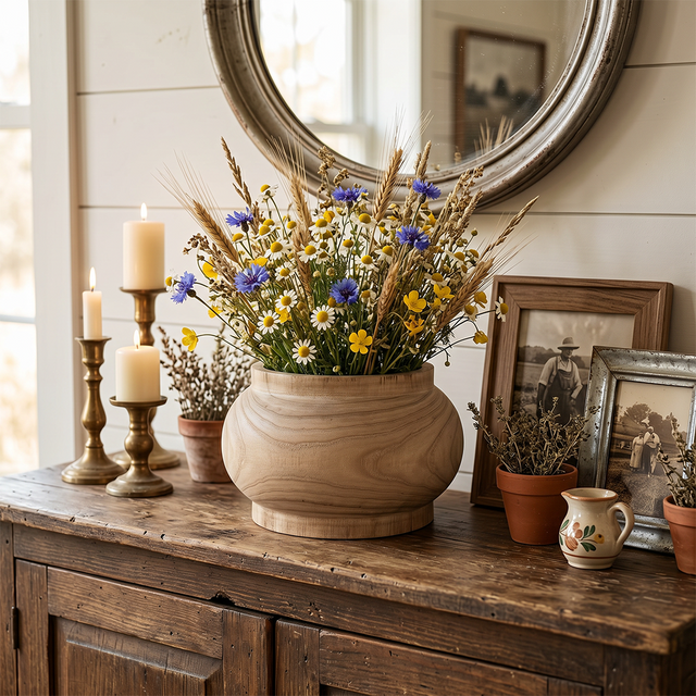 wooden vase with wildflowers on rustic cabinet