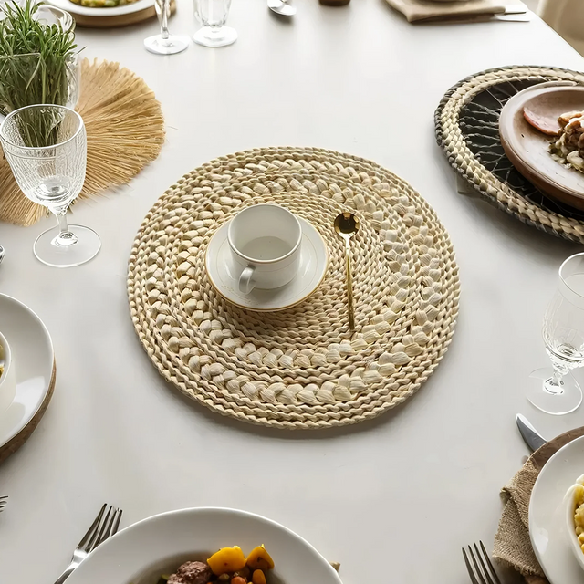 woven-corn-husk-placemats with coffee cup