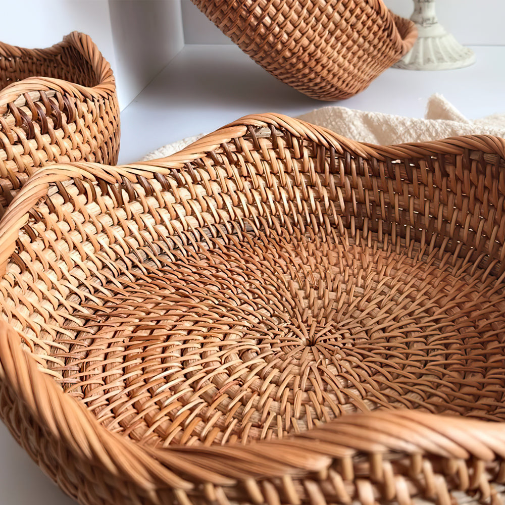 woven rattan brown round 3 piece storage basket details
