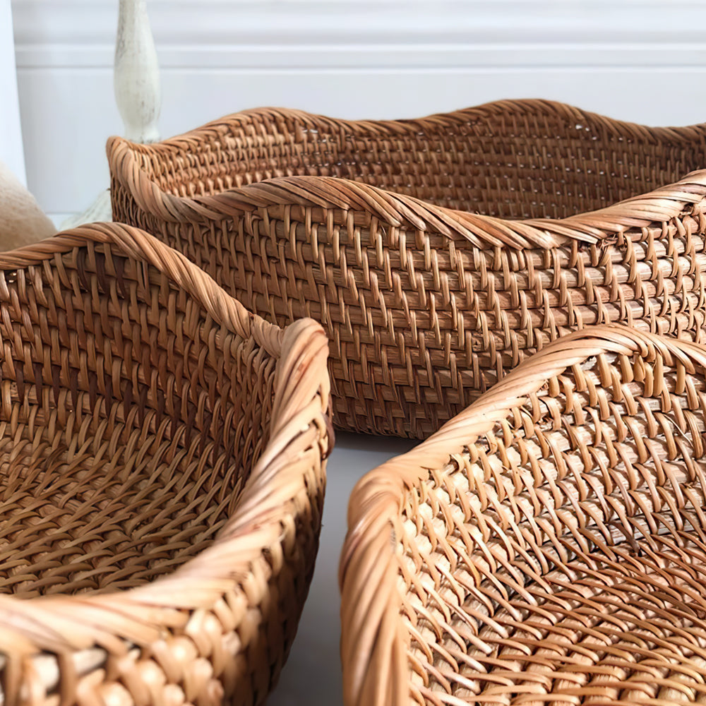 woven rattan brown round 3 piece storage basket details
