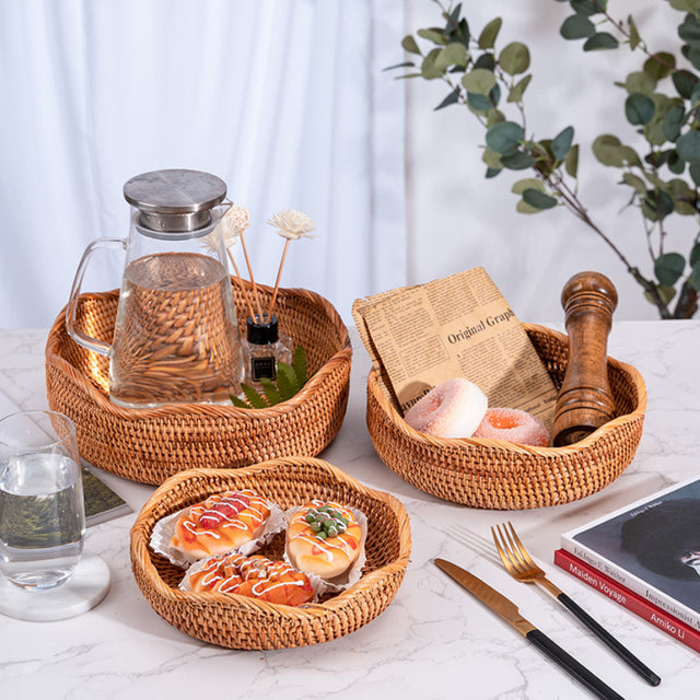 woven rattan brown round 3 piece storage basket hold dessert on the table