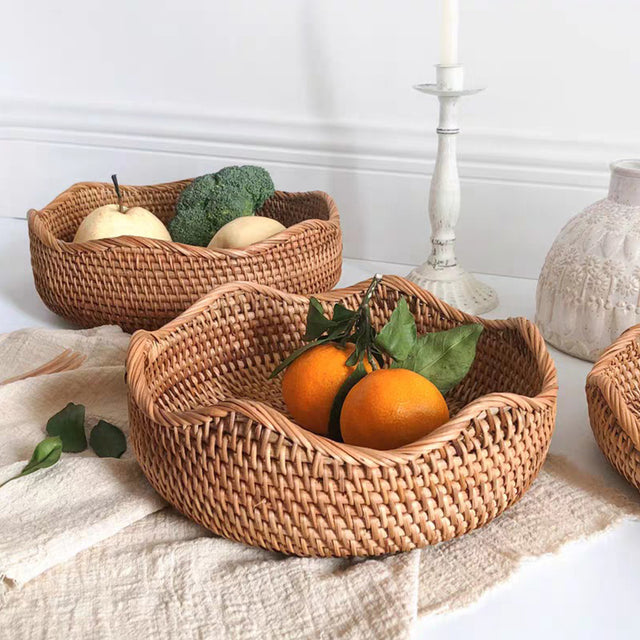 woven rattan brown round 3 piece storage basket hold fruits
