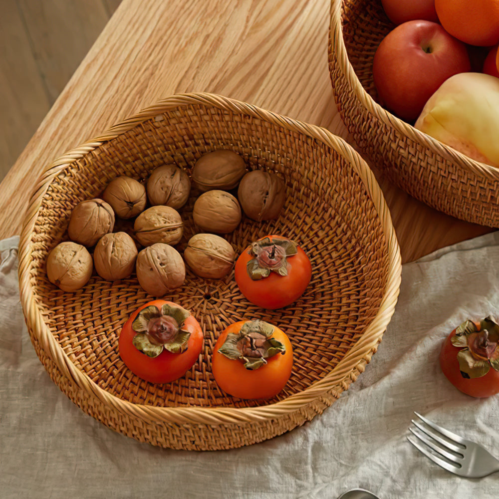 woven rattan brown round 3 piece storage basket on the table