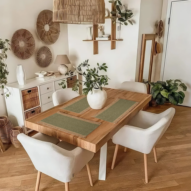 woven square table mat placed on the dining table