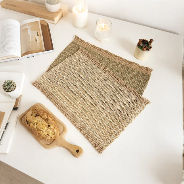 woven square table mat placed with food