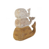 Stacked Whale Trio, Coastal Whitewashed & Woven Rattan-Look Resin Sculpture
