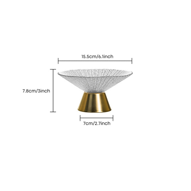 Textured Clear Glass Footed Bowl with Brushed Gold Pedestal Base, Glam Decorative Centerpiece for Dining Table and Console