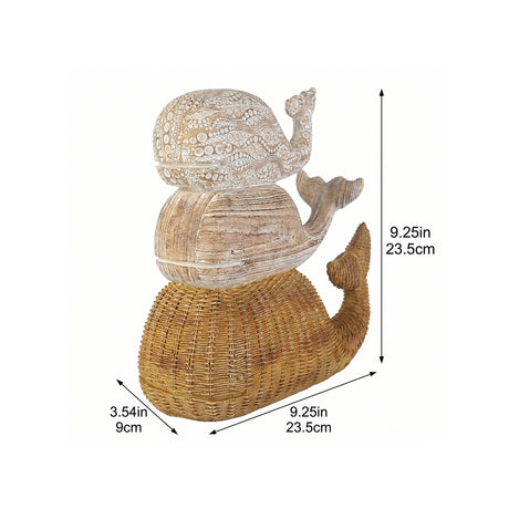 Stacked Whale Trio, Coastal Whitewashed & Woven Rattan-Look Resin Sculpture