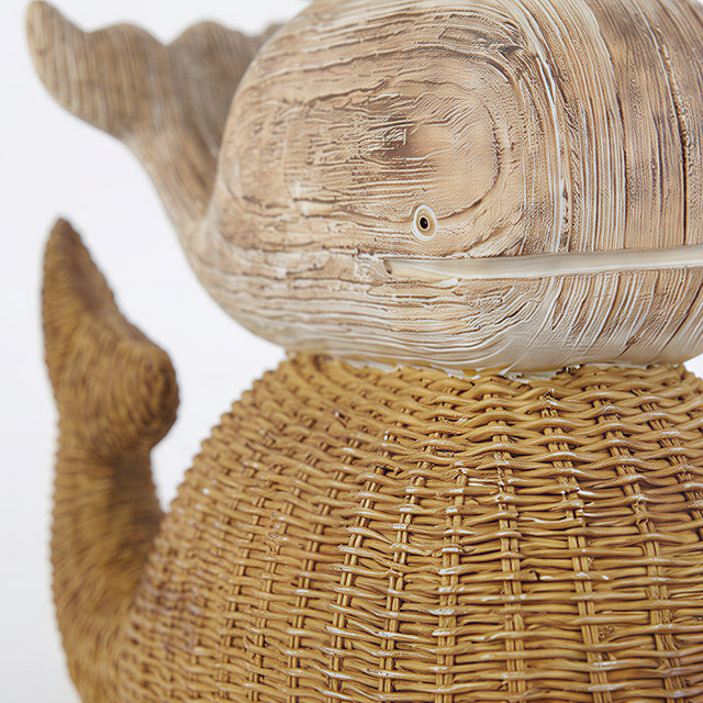 Stacked Whale Trio, Coastal Whitewashed & Woven Rattan-Look Resin Sculpture