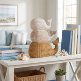 Stacked Whale Trio, Coastal Whitewashed & Woven Rattan-Look Resin Sculpture