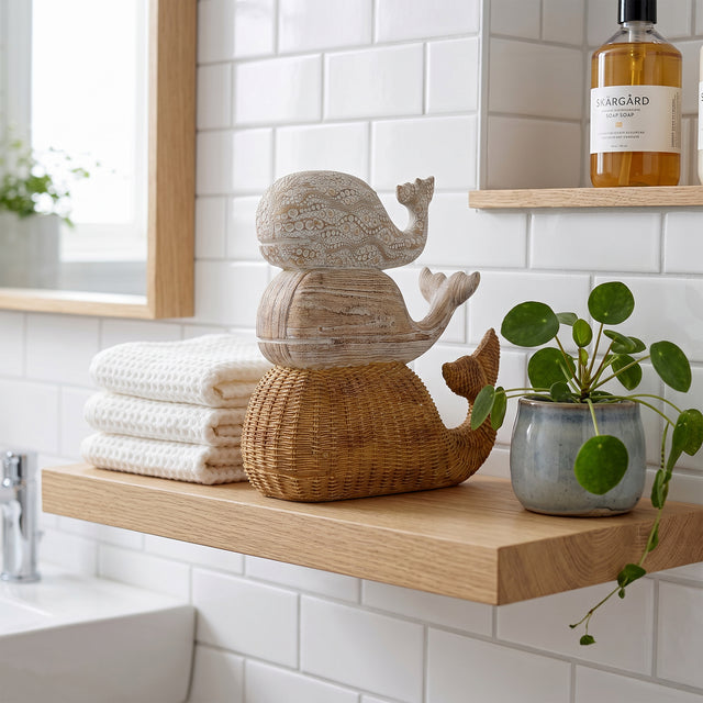 Stacked Whale Trio, Coastal Whitewashed & Woven Rattan-Look Resin Sculpture