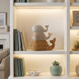 Stacked Whale Trio, Coastal Whitewashed & Woven Rattan-Look Resin Sculpture