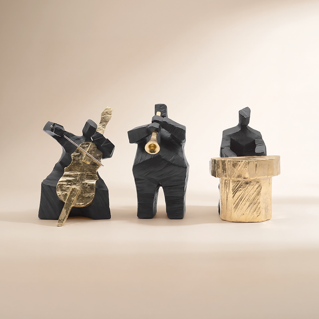 Jazz Trio Musician Figurine Set of 3 – Abstract Resin Sculptures in Black & Gold | Cellist, Trumpet Player & Drummer for Modern Home Decor
