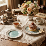 Handcrafted Ceramic Plates Set of 2 — Embossed Sunburst Rim & Reactive Celadon Glaze | Lead-Free Porcelain | 8.9″ & 11.2″