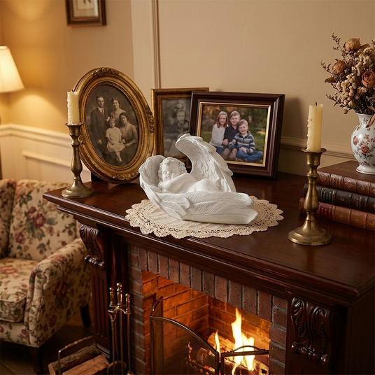 Angel figurine placed on fireplace mantel