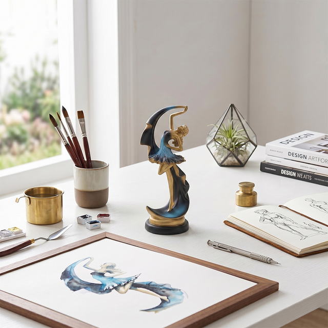 Ballerina Dancer Sculpture, Modern Resin Figurine with Crescent Cape in Midnight Blue & Gold, 8.7" Decorative Statue for Shelf, Desk