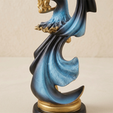 Ballerina Dancer Sculpture, Modern Resin Figurine with Crescent Cape in Midnight Blue & Gold, 8.7" Decorative Statue for Shelf, Desk