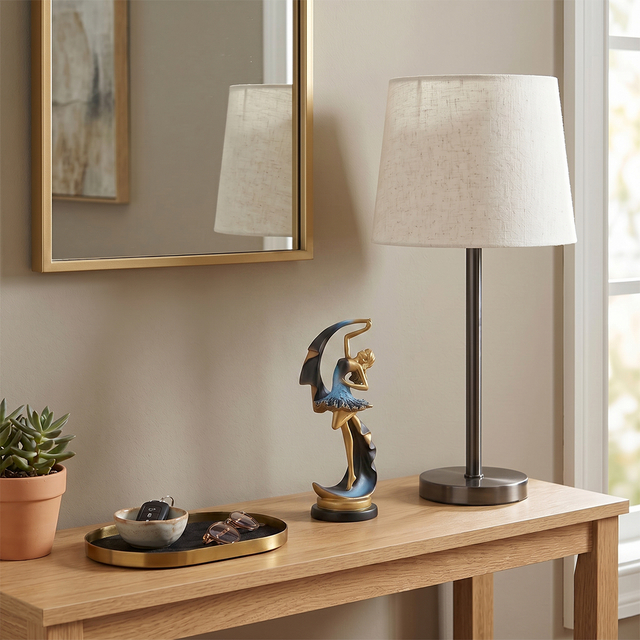 Ballerina Dancer Sculpture, Modern Resin Figurine with Crescent Cape in Midnight Blue & Gold, 8.7" Decorative Statue for Shelf, Desk