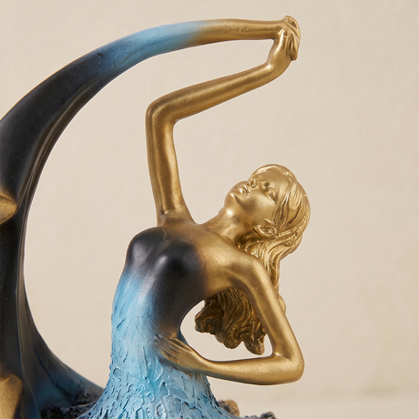 Ballerina Dancer Sculpture, Modern Resin Figurine with Crescent Cape in Midnight Blue & Gold, 8.7" Decorative Statue for Shelf, Desk