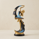 Ballerina Dancer Sculpture, Modern Resin Figurine with Crescent Cape in Midnight Blue & Gold, 8.7" Decorative Statue for Shelf, Desk
