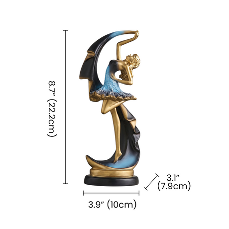 Ballerina Dancer Sculpture, Modern Resin Figurine with Crescent Cape in Midnight Blue & Gold, 8.7" Decorative Statue for Shelf, Desk