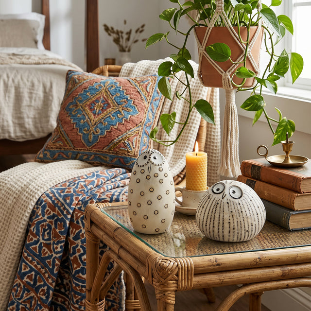 Bird Figurine Set On Rattan Table