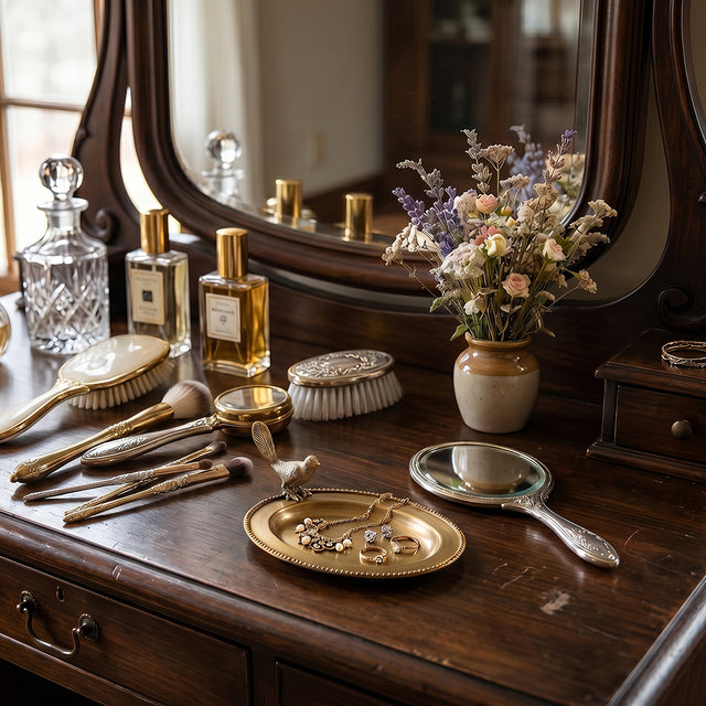 Bird tray on vintage dark wood vanity