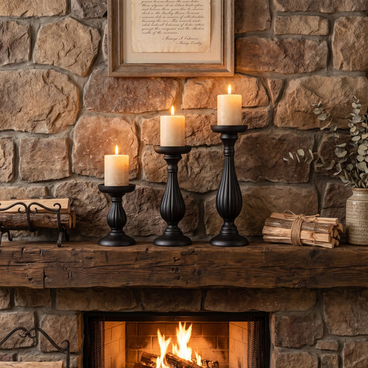 Black Candle Holder Set On Rustic Mantel