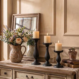Black Candle Holder Set On Vintage Cabinet