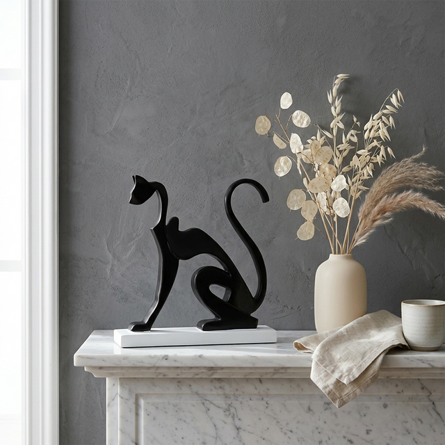 Black Resin Abstract Cat Sculpture – Modern Minimalist Tabletop Figurine with Glossy Finish | Cat Lover Gift, Home Accent for Mantle, Bookshelf, Console & Nightstand
