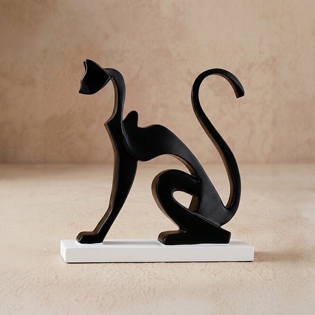 Black Resin Abstract Cat Sculpture – Modern Minimalist Tabletop Figurine with Glossy Finish | Cat Lover Gift, Home Accent for Mantle, Bookshelf, Console & Nightstand