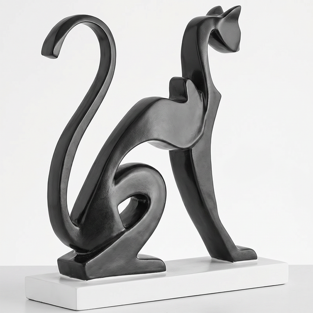Black Resin Abstract Cat Sculpture – Modern Minimalist Tabletop Figurine with Glossy Finish | Cat Lover Gift, Home Accent for Mantle, Bookshelf, Console & Nightstand