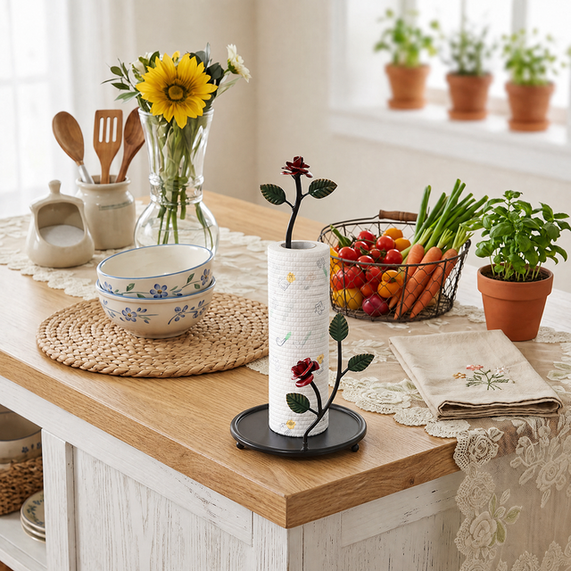 Black Red Rose Holder On Wooden Island