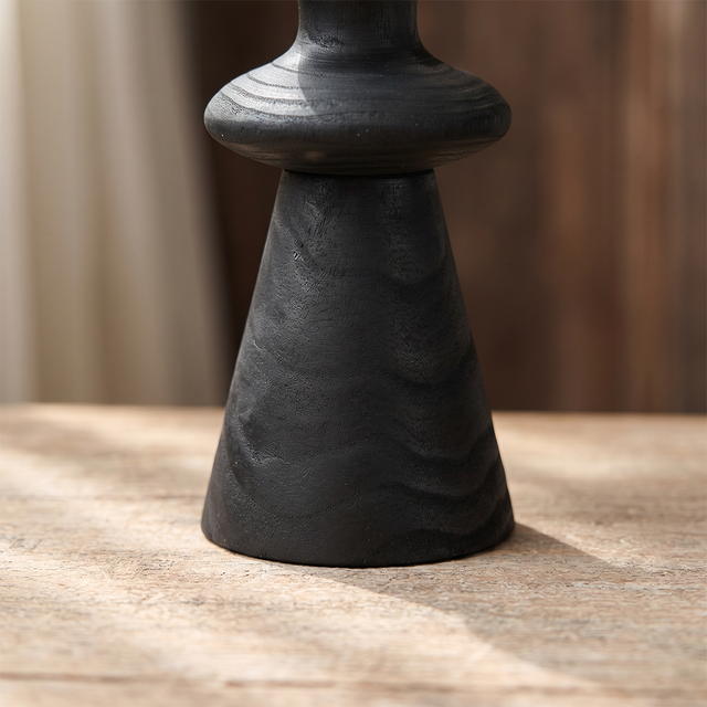 Black Pillar Candle Holder — Stacked Turned Solid Wood Candlestick, Modern Vintage Style Pillar Holder for Mantel, Dining Table & Console