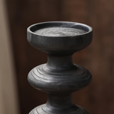 Black Pillar Candle Holder — Stacked Turned Solid Wood Candlestick, Modern Vintage Style Pillar Holder for Mantel, Dining Table & Console