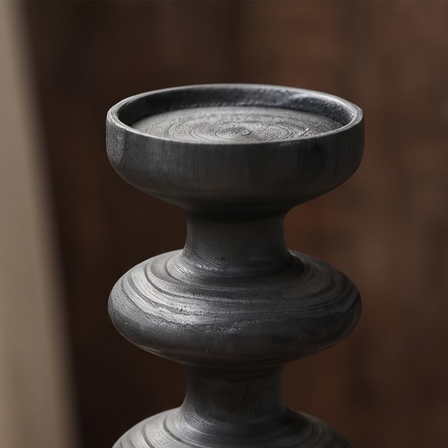 Black Pillar Candle Holder — Stacked Turned Solid Wood Candlestick, Modern Vintage Style Pillar Holder for Mantel, Dining Table & Console