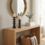 Black Pillar Candle Holder — Stacked Turned Solid Wood Candlestick, Modern Vintage Style Pillar Holder for Mantel, Dining Table & Console