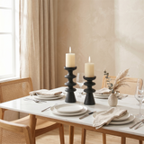 Black Pillar Candle Holder — Stacked Turned Solid Wood Candlestick, Modern Vintage Style Pillar Holder for Mantel, Dining Table & Console