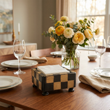 Checkered Wooden Napkin Holder — Rustic Handcrafted Square Cocktail Napkin Caddy with Bun Feet, Distressed Finish