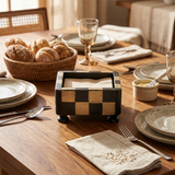 Checkered Wooden Napkin Holder — Rustic Handcrafted Square Cocktail Napkin Caddy with Bun Feet, Distressed Finish