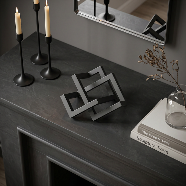 Modern Geometric Metal Sculpture, Interlocking Rectangular Frames Tabletop Decor – Matte Black Art Piece for Living Room Office Shelf