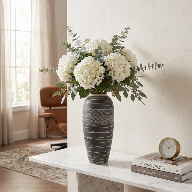 13.7" Modern Black Ceramic Vase, Hand-Carved Textured Stoneware Urn for Entryway, Living Room, Console Table