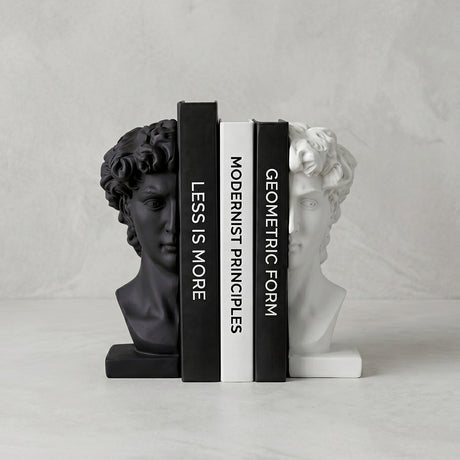 Black white david bust bookends with books