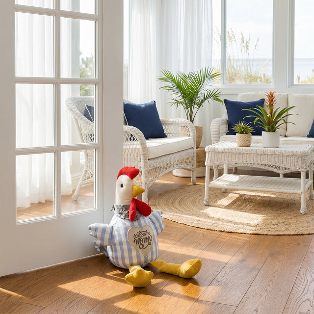 Blue Gingham Rooster On Patio