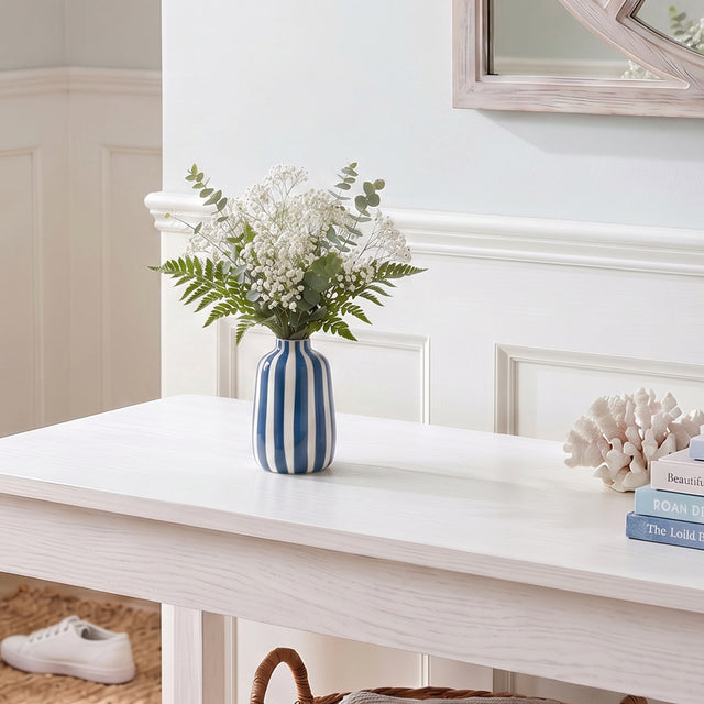 Blue Striped Vase With White Baby Breath