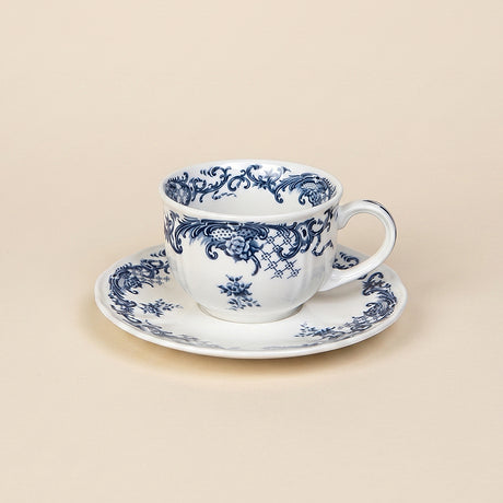 Blue and white floral porcelain teacup and saucer set