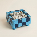 Checkered Wooden Napkin Holder — Rustic Handcrafted Square Cocktail Napkin Caddy with Bun Feet, Distressed Finish