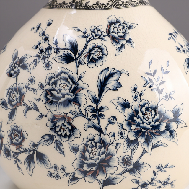 Chinoiserie Blue and White Ceramic Flower Vase, Round Crackle Glaze Vase with Peony Pattern Ruffled Rim