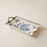 Blue and White Porcelain Serving Tray with Antique Alloy Handles — Crackle Glaze Decorative Tray, Chinoiserie Peony Pattern, Vanity Organizer & Jewelry Tray