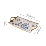 Blue and White Porcelain Serving Tray with Antique Alloy Handles — Crackle Glaze Decorative Tray, Chinoiserie Peony Pattern, Vanity Organizer & Jewelry Tray